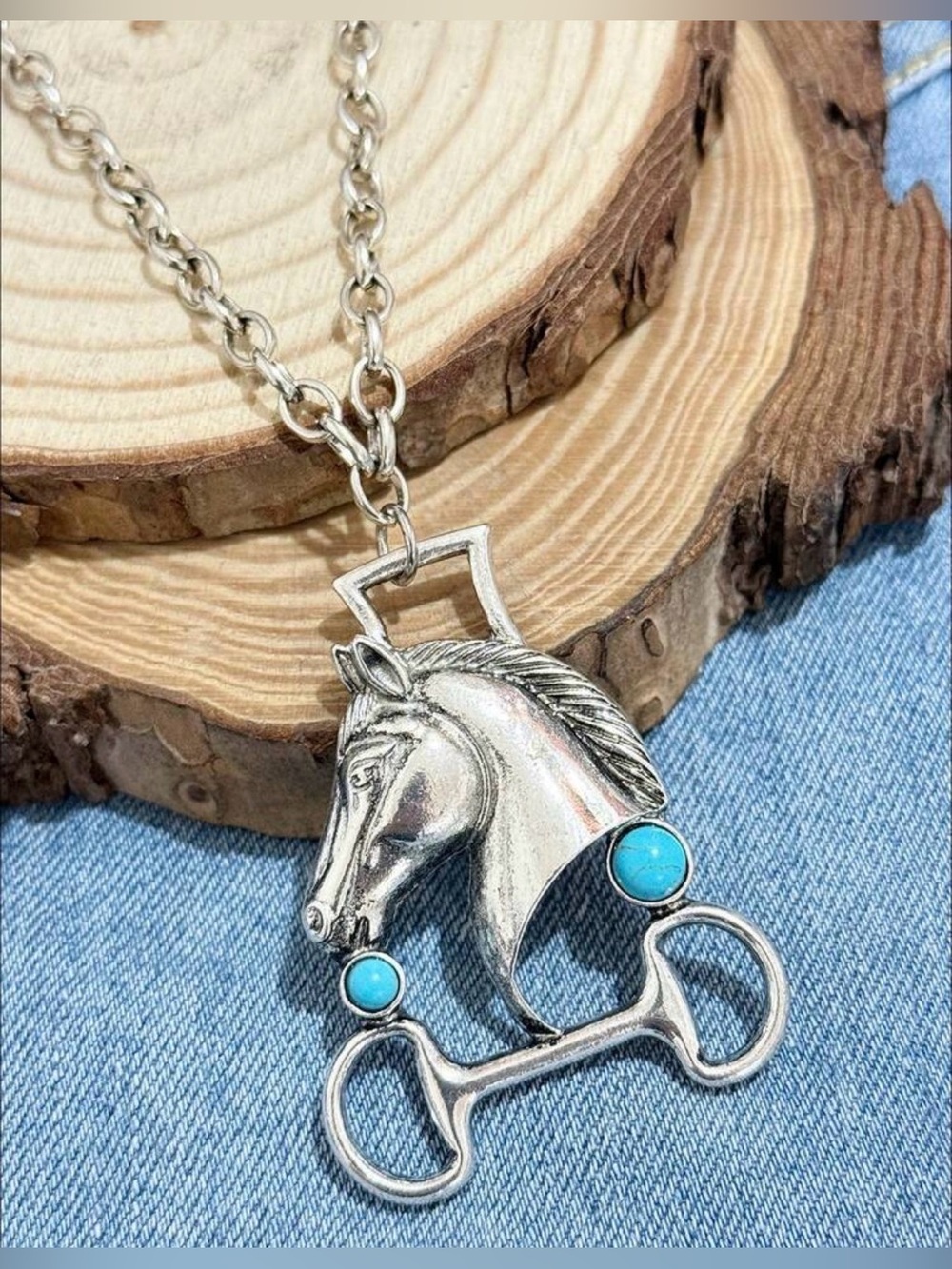 Western Necklace Silver Horse Head Bit Necklace with Turquoise Accents
